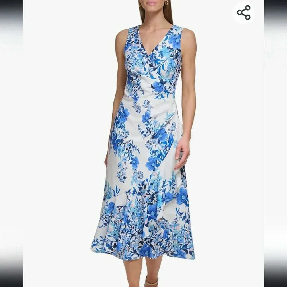 New Eliza J Women's Midi Style‎ Printed Knit Sleeveless Vneck Floral Dress 6